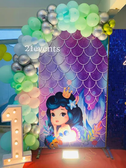 A detailed shot of the mermaid-themed backdrop panel.