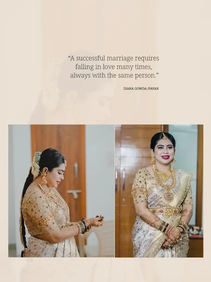 A collage showing our bride Diana getting ready. You can see the detailed gold embroidery on the back and sleeves of her blouse.
