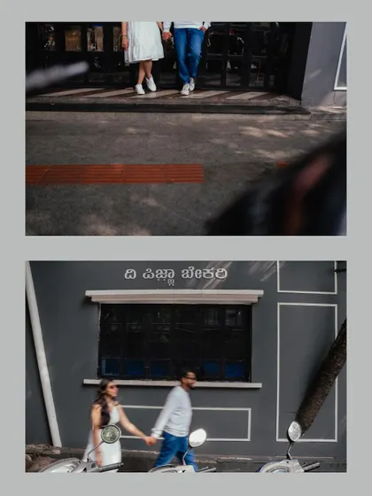 A collage capturing the essence of a city stroll. From walking on the pavement to riding a scooter, we document the couple's story in a dynamic, urban setting.