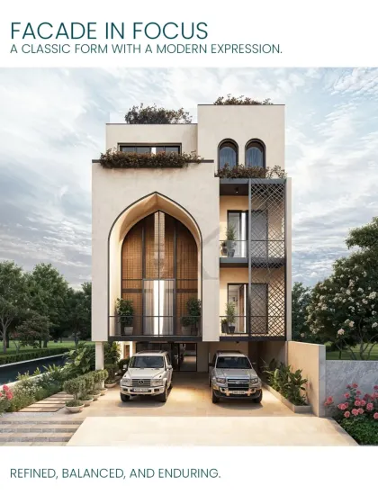 A full view of the arch-themed facade, showcasing its balanced and refined form. The design combines classic shapes with a modern expression for an enduring aesthetic.