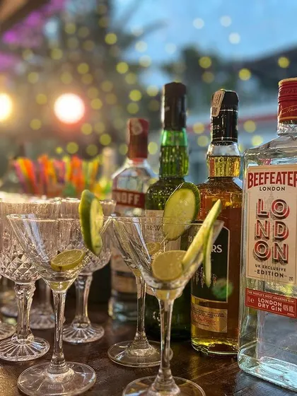 A close-up of the bar counter with premium gin and garnished glasses, ready for the evening.