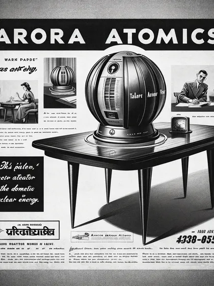 A detailed newspaper layout for an Arora Atomics product, complete with fictional copy and technical details. I enjoy the world-building aspect of creating these fake ads.
