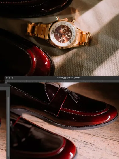 A collage of the groom's stylish watch and shoes.