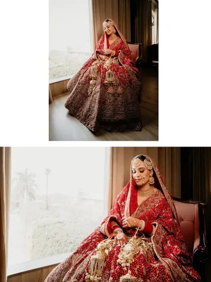 A diptych of the bride seated by a window, the natural light illuminating her stunning red lehenga. These portraits are timeless and full of grace.