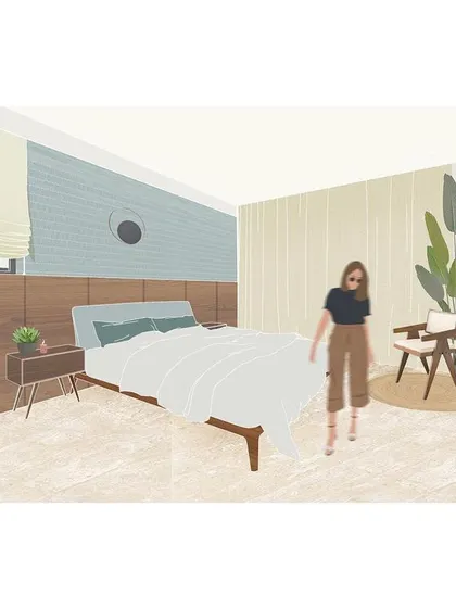A concept illustration for a master bedroom, focusing on creating a calm and restful atmosphere with a mix of wood and textured surfaces.