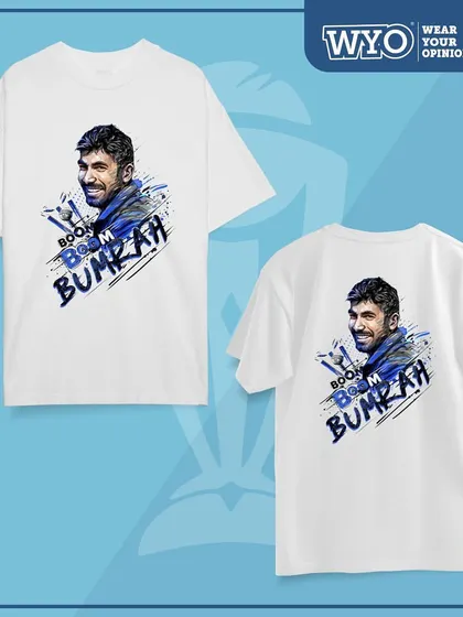 Bleed blue for the World Cup. A customer's custom "Boom Boom Bumrah" t-shirt, printed and ready for the epic final match. I can print your favorite player's name and design.