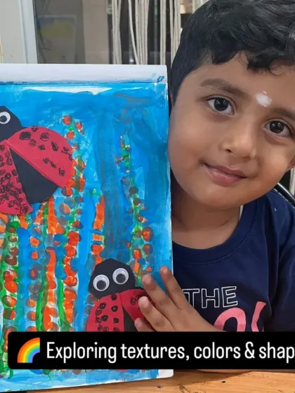 This mixed-media ladybug artwork is a perfect example of how we explore textures, colors, and shapes. The combination of painting and paper craft creates a wonderful 3D effect.