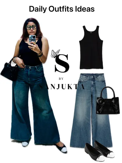 This is my formula for effortless daily style. A simple black tank top paired with well-fitting wide-leg jeans and classic accessories creates a polished look that is both comfortable and chic for running errands or a casual day out.