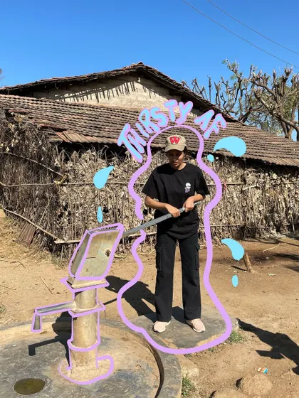 Thirsty af. A funny photo of me at a handpump, with a purple outline and water drop doodles.