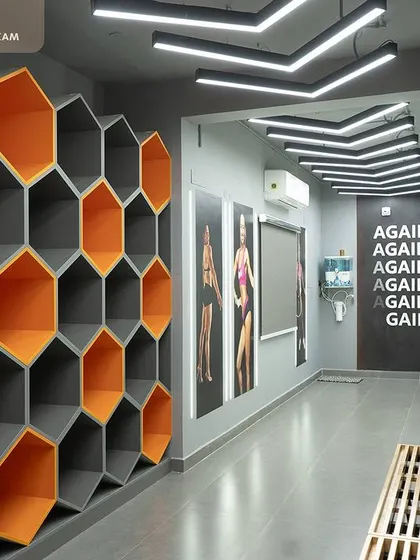 This is an example of our custom furniture design. For Robur Fitness Hub, we created this unique honeycomb shelving unit that serves as both a practical storage area and a striking piece of wall art, demonstrating our ability to craft creative and functional solutions.