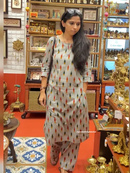 Stepping into the festive spirit with our stunning grey Ikat co-ords. This full-length view shows the complete, elegant look.