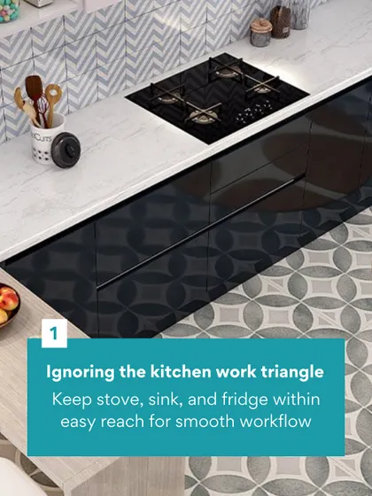 The first mistake to avoid: ignoring the kitchen work triangle. We ensure the stove, sink, and fridge are within easy reach for a smooth workflow, as shown in this design.