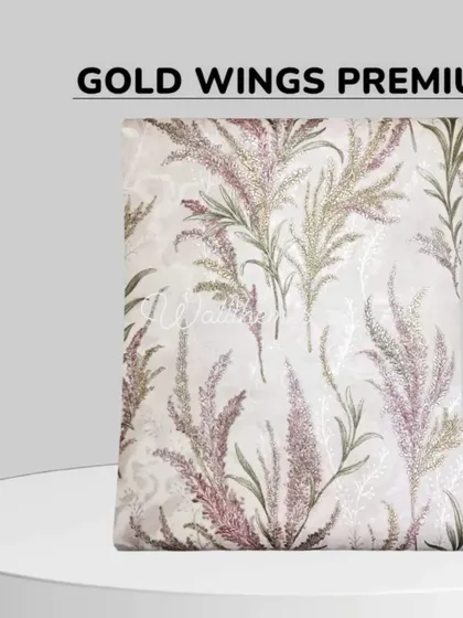 The 'Gold Wings Premium' wallpaper with a feathery plant design in shades of pink and green.