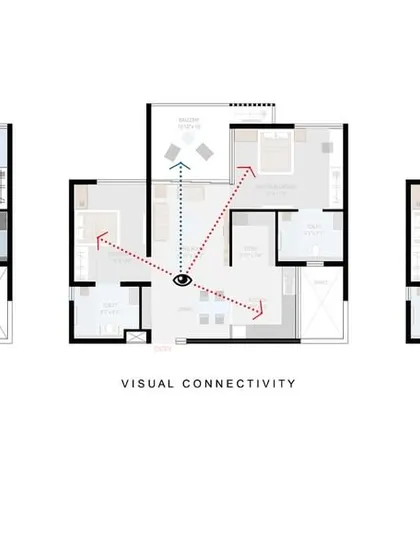 Another view of the two-bedroom unit layout at Parkside, showing the visual connectivity from a central point to different areas of the home. This open planning enhances the sense of space and ease of movement.