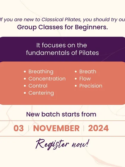 If you are new to Classical Pilates, our beginner group classes are the perfect place to start. Our new batch focuses on the fundamentals, including breathing and concentration, to help you manage stress and improve your health.