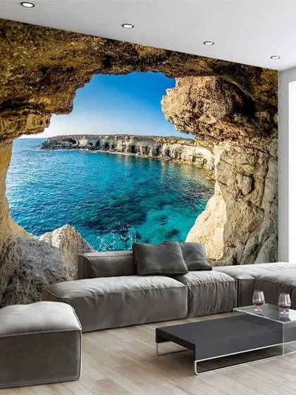 This 3D wallpaper creates a stunning illusion of a cave opening out to a beautiful blue lagoon. It's a perfect choice for a living room to create a dramatic focal point and a sense of escape.