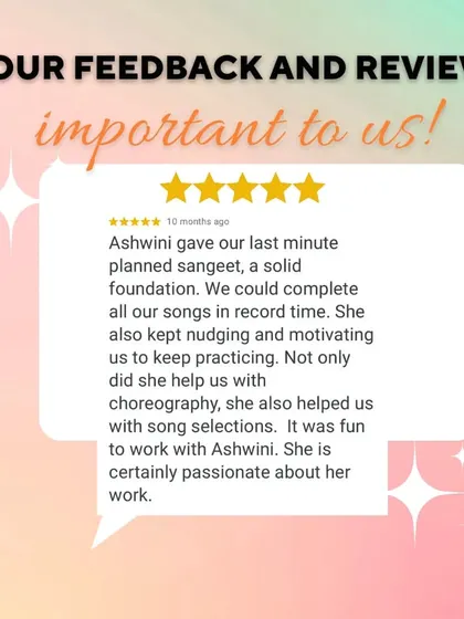 This client's feedback really made my day. They highlight how I helped with song selection and motivated them to practice, turning a last minute sangeet into a huge success.