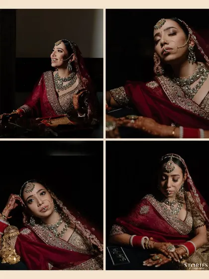 A moody and artistic collage of bridal portraits, taken in dramatic lighting.