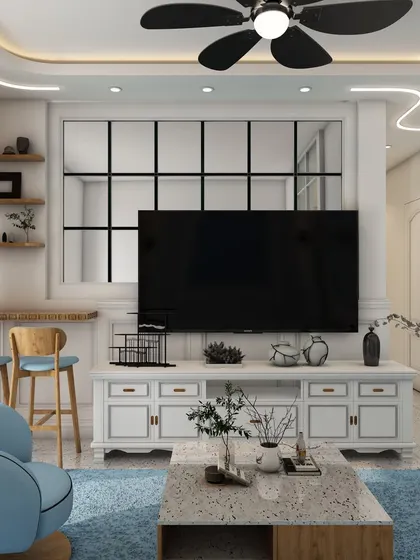 A closer look at the living area from the previous collage, highlighting the custom TV console, bar stools, and shell-back armchairs in a cohesive blue and white theme.