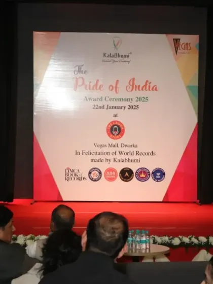 A view of the stage at "The Pride of India" Award Ceremony 2025, an event celebrating the achievements of our talented artists.