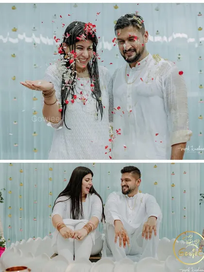 A collage of sweet and playful moments from a pastel-themed Haldi ceremony.