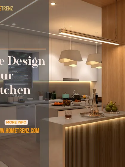 This design features a kitchen island with a fluted panel base and integrated LED lighting, serving as both a workspace and a stylish centerpiece. The pendant lights above add to the modern aesthetic.