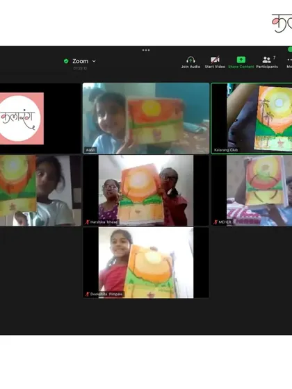 This screenshot features my creative online students from all over Maharashtra. They are proudly displaying their oil pastel sunset drawings, showcasing the skills they learned during our session.