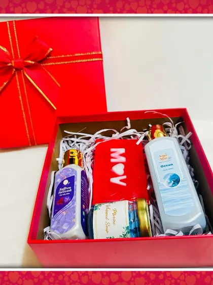 A Valentine's skincare hamper designed for him. This gift box includes a personalized 'M V' initial soap, Saffron Lavender bodywash, Ocean bodywash, and a Marine whipped soap.