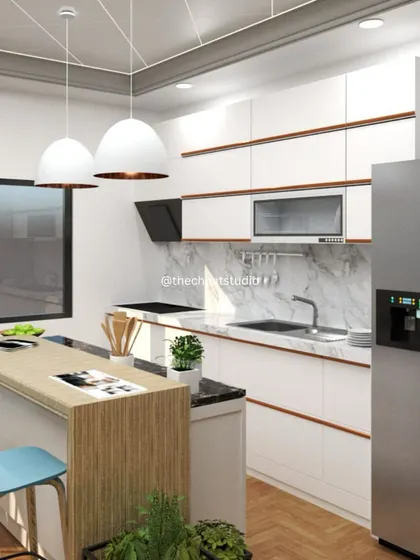 A modern kitchen design featuring a breakfast bar with stylish blue stools. I used white handleless cabinets, a marble-patterned backsplash, and sleek pendant lights to create a bright, clean, and contemporary space.