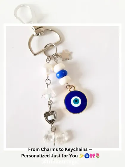 From charms to keychains, personalized just for you. This image shows a custom evil eye keychain I made, highlighting the process from individual parts to a finished product.