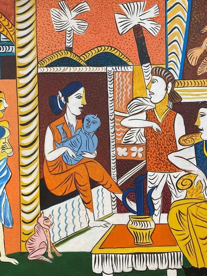 A duplicate of the K.G. Subramanyan painting, showcasing the lively interior scene. His work is a cornerstone of modern Indian art, and I guide collectors in acquiring pieces from different phases of his long and celebrated career.