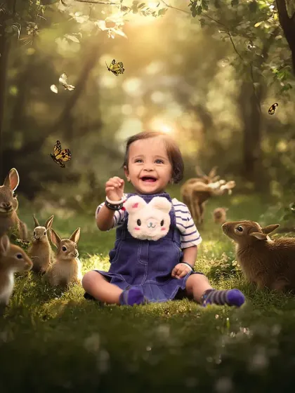 A magical, enchanted forest comes to life in this creative portrait session. I love creating these whimsical scenes that let a child's imagination run wild, resulting in truly unique and memorable photographs.