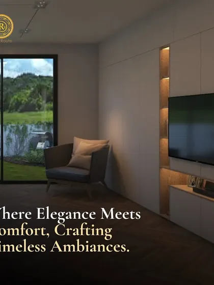 Where elegance meets comfort, crafting timeless ambiances. A cozy corner with a TV, accent chair, and a view of the outdoors.