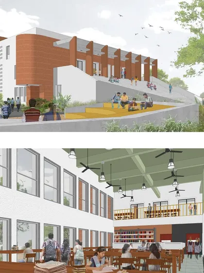 The proposed design includes a public library with an integrated outdoor amphitheater, creating a valuable community hub. The interior rendering shows a bright, airy, double-height library space designed to be a welcoming and inspiring place for study and reading.