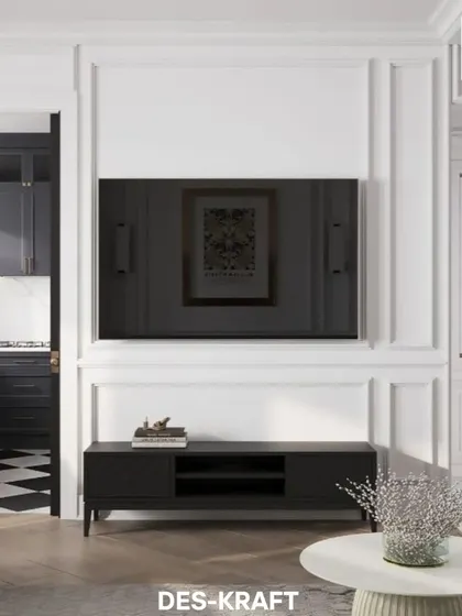 A view from the living room into the classic kitchen, where a black-and-white checkered floor and dark cabinetry create a timeless and sophisticated look.