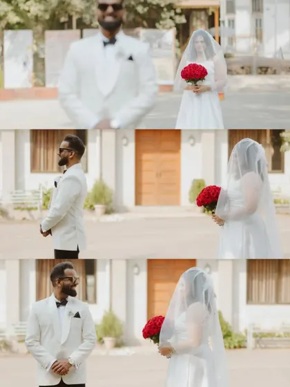 The "first look" moment, captured in a series of photos. The groom's anticipation and the couple's joy are beautifully documented in this intimate exchange.