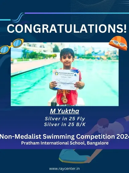 M Yuktha with her silver medals in butterfly and backstroke. It's wonderful to see our junior swimmers mastering complex strokes at a young age.