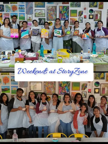 A collage capturing the fun of "Weekends at StoryZone," with groups of friends and solo artists enjoying the creative atmosphere.