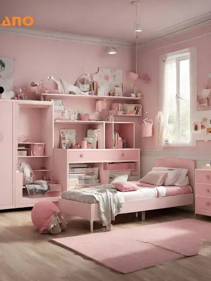We create fully customized bedroom sets for children, designed to be both fun and functional. This image shows a complete Barbie-themed room in pink, including a bed, wardrobe, and study unit, all built to your specifications.