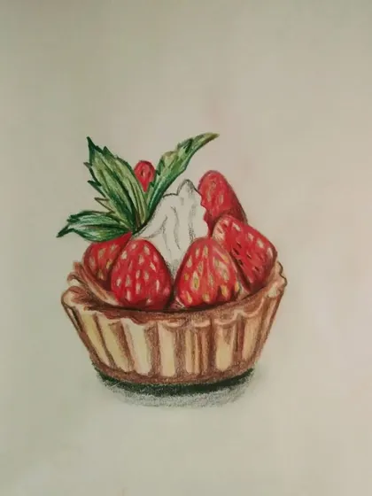 A realistic drawing of a strawberry tart. It's amazing what you can create with color pencils.