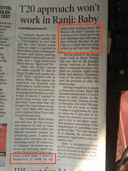 It is incredibly satisfying when a player acknowledges the impact of our work together. This article, where Sachin Baby speaks about our sessions, reinforces my belief in coaching the mindset along with the technique.