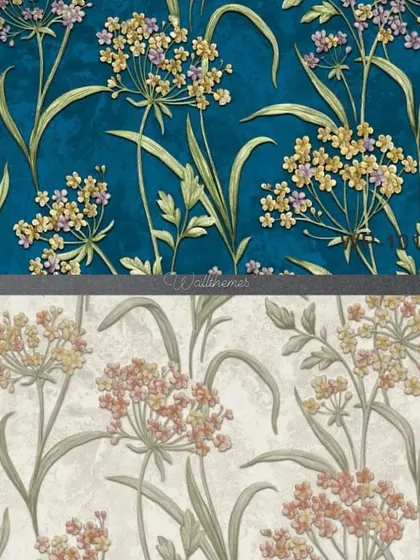 Two color options for a wildflower wallpaper, one on a deep teal background and one on a light cream background.