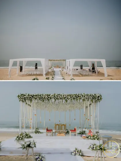 Another view of the stunning minimalist mandap, perfectly designed for a chic beach wedding ceremony.