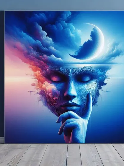 This graphic art piece by artist Isaq is a commentary on the world's climatic conditions. The surreal, thinking face merged with clouds and the moon invites contemplation on humanity's impact on the planet.