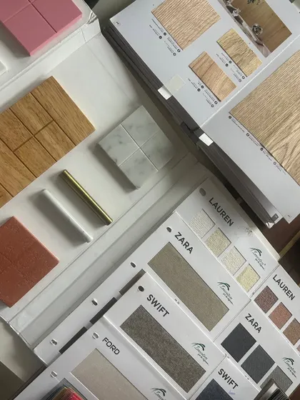 A flat lay of material catalogues and samples for various projects. Our studio is always buzzing with new ideas for both residential and commercial spaces across India and the UAE.