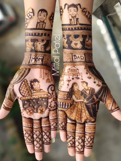 A stunningly detailed baby shower mehndi. This design includes portraits of the couple, a baby in a pram, and dedications to "Mom" and "Dad" on the arms.