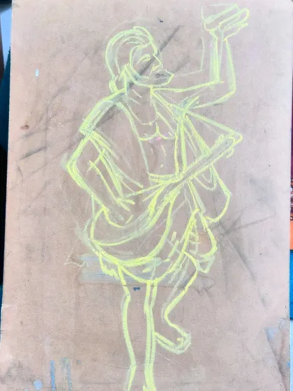 Every mural starts with an idea. This is the initial chalk sketch of Kanaka Dasa, mapping out the composition before I begin the sculpting process.