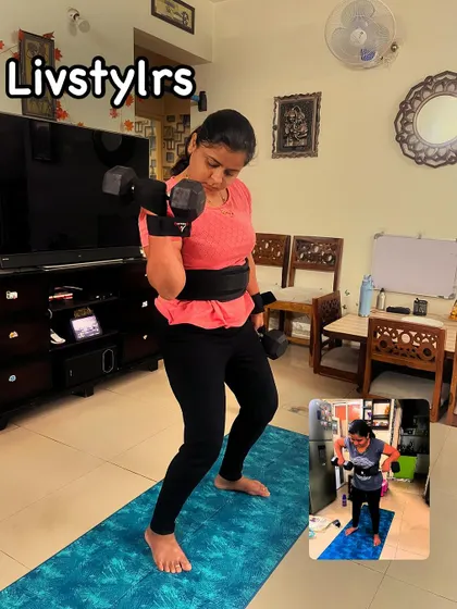 A client performs bicep curls, a great exercise for toning the arms. The inset photo shows her progress and consistency.