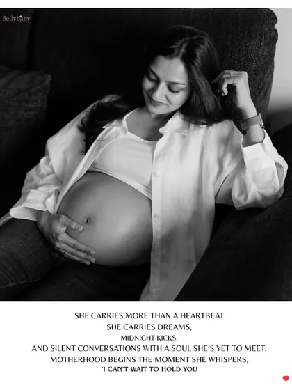 A poetic and intimate black and white portrait from an in-home session. It captures the quiet dreams and silent conversations with the soul she's yet to meet.