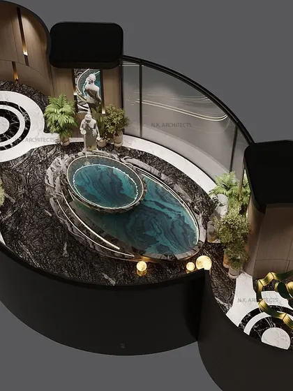 An overhead view of the wave-inspired bathroom layout. The gracefully arched walls offer both privacy for the shower and toilet areas while maintaining an open, spa-like feel.